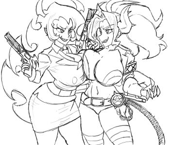 2girls blackchaos6400 bra breasts crossover demon_girl demon_horns demon_tail gun helltaker holding holding_gun holding_weapon horns judgement_(helltaker) large_breasts long_hair multiple_girls panties panty_&amp;_stocking_with_garterbelt scanty_(psg) sharp_teeth tail teeth underwear weapon white_panties