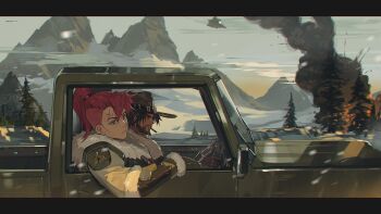 Rule 34 | 1boy, 1girl, akihare, beard, blue eyes, brown eyes, brown hair, cassidy (overwatch), coat, commentary, cowboy, cowboy hat, driving, facial hair, fur coat, hat, highres, mountain, overwatch, pink hair, smoke, smoking, snow, symbol-only commentary, tree, western, zarya (overwatch)