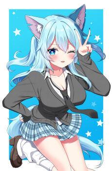 1girl animal_ear_fluff animal_ears black_cardigan black_necktie blue_background blue_eyes blue_nails blue_tail blush border breasts brown_shoes cardigan cleavage collarbone collared_shirt commentary_request dot_nose fang foot_out_of_frame fox_ears fox_girl fox_tail hand_on_own_hip heart heart-shaped_pupils highres indie_virtual_youtuber large_breasts loafers long_hair long_sleeves looking_at_viewer loose_socks miniskirt nagumo_asu necktie one_eye_closed revision shinonome_asu shirt shoes skirt socks solo standing standing_on_one_leg star_(symbol) symbol-shaped_pupils tail tongue tongue_out twitter_username v virtual_youtuber white_border white_shirt white_socks