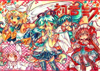 1boy 2000s_(style) 4girls angel angel_wings bow character_name chibi clothed_female_nude_male feathered_wings hair_bow halo hatsune_miku holding holding_microphone instrument kagamine_rin kaito_(vocaloid) kaname_madoka lennardo_(grim_the_end) lyre mahou_shoujo_madoka_magica mahou_shoujo_madoka_magica_(anime) microphone multiple_girls non-web_source nude number_tattoo scarf still_in_love_(umamusume) tattoo traditional_media ultimate_madoka umamusume vocaloid wings