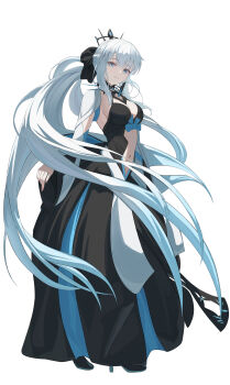 Rule 34 | 1girl, absurdres, black bow, black dress, blue eyes, blush, bow, braid, breasts, center opening, cleavage, closed mouth, clothing cutout, commentary request, dress, fate/grand order, fate (series), full body, grey hair, hair bow, half up braid, highres, large breasts, long hair, long sleeves, looking at viewer, morgan le fay (fate), nayuta9671, ponytail, sidelocks, simple background, solo, stomach cutout, two-tone dress, very long hair, white background, white hair