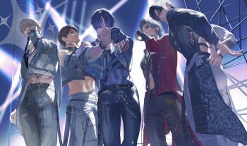 5boys abs absurdres black_gloves black_hair black_pants black_pantyhose blue_eyes blue_hair brown_hair caleb_(love_and_deepspace) closed_mouth collared_shirt cowboy_shot cropped_jacket detached_sleeves fingerless_gloves from_below glasses gloves grey_hair grey_jacket grey_pants guest_art hair_between_eyes highres jacket jewelry loose_necktie love_and_deepspace male_focus midriff multiple_boys multiple_rings necktie official_alternate_costume osaki_iyo pants pantyhose parted_lips pink_eyes rafayel_(love_and_deepspace) red_eyes red_jacket ring shirt short_hair single_fingerless_glove stage_lights sylus_(love_and_deepspace) twitter_username xavier_(love_and_deepspace) zayne_(love_and_deepspace)