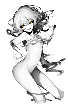 1girl absurdres artist_name bad_id bad_pixiv_id black_sclera breasts collarbone colored_sclera commentary delirium delirium_(the_binding_of_isaac) eyelashes female_focus hair_between_eyes head_tilt highres limited_palette looking_at_viewer navel nude open_mouth sheya short_hair signature simple_background small_breasts smile solo spot_color stomach symbol-only_commentary the_binding_of_isaac thighs uneven_eyes white_background yellow_eyes