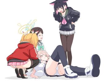 4girls :< absurdres after-school_sweets_club_(blue_archive) airi_(blue_archive) animal_ears black_hair black_pantyhose black_skirt black_thighhighs blonde_hair blue_archive bow brown_hair cat_ears cat_girl cheek_pinching closed_eyes colored_inner_hair commentary_request green_bow halo hands_on_own_hips highres hood hood_down jacket kazusa_(blue_archive) knee_up multicolored_hair multiple_girls nakaoka_ramu natsu_(blue_archive) open_mouth panties pantyhose pinching pink_hair pleated_skirt red_jacket shoes simple_background skirt thighhighs underwear white_background white_panties white_shoes yoshimi_(blue_archive)