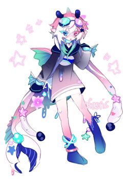 1girl absurdres blue_eyes blue_shoes cloud_(lufaeris) commentary crossed_bangs double-parted_bangs english_commentary fins fish_girl fish_tail full_body goggles goggles_on_head gradient_clothes gradient_shirt grey_shirt hair_between_eyes hand_up head_fins heterochromia highres long_hair long_sleeves looking_at_viewer multicolored_hair open_mouth original pink_eyes pink_hair shirt shoes sketch solo star_(symbol) tail two-tone_hair white_background white_hair