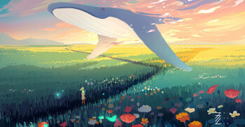 1girl animal_focus artist_name blonde_hair blue_sky brown_socks bug butterfly commentary english_commentary field flower flower_field flying gradient_sky hair_lift insect kneehighs landscape long_hair mina_fz. mountainous_horizon orange_flower orange_sky original outdoors oversized_clothes path red_flower road shirt short_sleeves sky socks sunset watermark whale white_flower white_shirt wind wind_lift