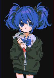 Rule 34 | 1girl, black background, black bow, black skirt, blue bow, blue eyes, blue hair, bow, bowtie, clenched hands, closed mouth, cowboy shot, dot nose, facing viewer, green jacket, hair bow, hammer, hands up, highres, holding, holding hammer, jacket, jacket on shoulders, jacket partially removed, layered clothes, long sleeves, looking to the side, nervous, nervous sweating, original, oversized clothes, partially unzipped, pleated skirt, shirt, short twintails, simple background, skirt, sleeve cuffs, standing, straight-on, sweat, twintails, umipi, white shirt, wing collar, zipper, zipper pull tab