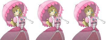 1girl blonde_hair blue_eyes breasts brooch clenched_hand closed_mouth crown dress earrings elbow_gloves eyelashes fire_emblem fire_emblem_fates frilled_dress frills gloves hands_up highres holding holding_umbrella jewelry lips lithety long_hair looking_to_the_side mario_(series) medium_breasts multiple_views nintendo nostrils official_style one_eye_closed over_shoulder parasol parted_lips pink_dress pink_lips pink_umbrella princess_peach puffy_short_sleeves puffy_sleeves shade short_sleeves simple_background smile super_mario_bros._1 umbrella white_background white_gloves