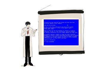 1boy bad_tag black_eyes black_hair black_pants black_shoes blue_screen_of_death coat collared_shirt commentary_request full_body highres lapels limbus_company male_focus notched_lapels pants project_moon projector_screen shirt shoes solo white_coat white_shirt yakumineg1 yi_sang_(project_moon)