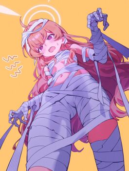 Rule 34 | 1girl, bandaged hand, bandaged leg, bandages, blonde hair, blue archive, blush, commentary request, flat chest, from below, halo, highres, long hair, mitsutsuka, mummy costume, naked bandage, navel, official alternate costume, open mouth, orange background, purple eyes, revision, solo, standing, white halo, yoshimi (blue archive), yoshimi (halloween) (blue archive)