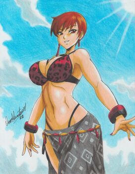 1girl absurdres bikini breasts brown_eyes brown_hair cleavage curvy earrings female_focus highres jewelry large_breasts outdoors panties ravernclouk_design short_hair skirt smile smiley_face snk standing swimsuit the_king_of_fighters the_king_of_fighters_all-stars thighs underwear vice_(kof)