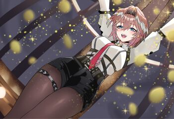 1girl :d absurdres arms_up black_shorts blouse blue_eyes breasts coin hair_wings headband highres hololive large_breasts leather_shorts necktie open_mouth oru_0653 pantyhose pink_hair red_necktie shirt short_hair short_shorts shorts smile takane_lui takane_lui_(1st_costume) thick_thighs thigh_strap thighs virtual_youtuber white_shirt wide_hips