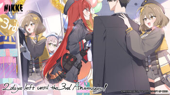 1boy 3girls anis_(nikke) anniversary balloon brown_hair commander_(nikke) counters_(nikke) glasses goddess_of_victory:_nikke guest_art hayashi_kewi highres long_hair multiple_girls neon_(nikke) official_art rapi_(nikke) rapi_(red_hood)_(nikke) red_hair short_hair very_long_hair white_hair