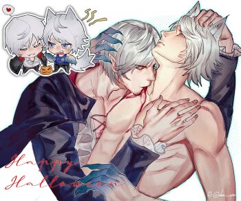 2boys animal_ear_fluff animal_ears arm_up ben-day_dots biting black_cape black_shirt blood blue_eyes cape chibi chibi_inset closed_eyes colored_extremities commentary dante_(devil_may_cry) dao_oxo devil_may_cry devil_may_cry_(series) devil_may_cry_4 drinking_blood facial_hair fangs fingernails frilled_shirt frilled_sleeves frills goatee grey_hair hand_on_another&#039;s_head happy_halloween highres incest long_sleeves male_focus multiple_boys neck_biting nero_(devil_may_cry) parted_hair parted_lips pectorals screentones sharp_fingernails shirt twitter_username two-sided_cape two-sided_fabric uncle_and_nephew upper_body vampire werewolf white_background white_hair wolf_boy yaoi