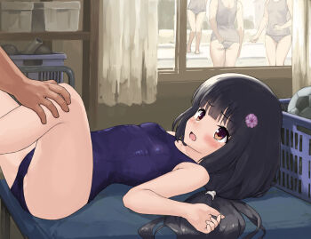 1boy 1girl black_hair blue_one-piece_swimsuit breasts brown_eyes commission funitarefu girlfriend_(kari) highres imminent_rape loli long_hair lying morizono_mei on_back one-piece_swimsuit people pixiv_commission school_swimsuit small_breasts swimsuit