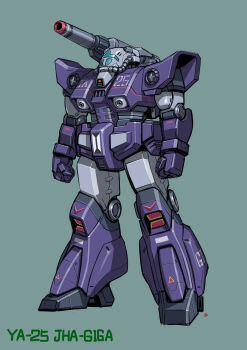 absurdres armor cable character_name clenched_hands commentary commentary_request energy_cannon highres lights mecha megaro_zamac mercy_rabbit original radio_antenna retro_artstyle robot science_fiction sensor shoulder_armor shoulder_cannon signature simple_background solo ya-25_jha-giga