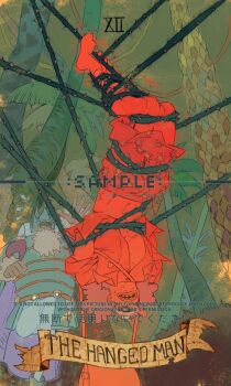 2boys armor bag beard card_(medium) commentary english_commentary facial_hair full_body heracles_(one_piece) highres long_nose male_focus multiple_boys one_piece roman_numeral sample_watermark satchel shorts siyangou49 tarot tarot_(medium) the_hanged_man_(tarot) upside-down usopp watermark