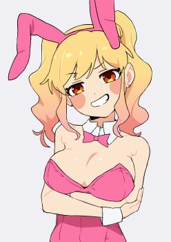 1girl aikatsu!_(series) aikatsu_stars! animal_ears arms_under_breasts blonde_hair blush_stickers bow bowtie breasts earrings fake_animal_ears gradient_hair highres jewelry large_breasts leotard looking_at_viewer medium_hair multicolored_hair nijino_yume osame pink_bow pink_bowtie pink_hair pink_leotard playboy_bunny rabbit_ears red_eyes smile solo stud_earrings teeth twintails upper_body wrist_cuffs