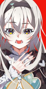 1girl black_hairband black_jacket blush collared_shirt commentary_request firefly_(honkai:_star_rail) grey_hair hair_between_eyes hair_intakes hairband hand_on_own_chest highres honkai:_star_rail honkai_(series) jacket long_hair minami_mizune multicolored_eyes neckerchief open_mouth orange_neckerchief red_background shirt simple_background solo teeth white_shirt