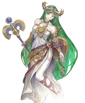 1girl absurdres ancient_greek_clothes bare_shoulders breasts chain chiton circlet closed_mouth commentary dress english_commentary forehead_jewel gold_chain greco-roman_clothes green_eyes green_hair hair_ornament highres holding holding_shield holding_staff jewelry kid_icarus kid_icarus_uprising long_hair medium_breasts neck_ring nintendo palutena shield simple_background smile solo staff subakeye thighhighs vambraces very_long_hair white_background white_dress