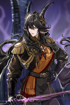1girl aiguillette animal_ears arknights black_hair black_lips cape closed_mouth commentary cowboy_shot epaulettes goat_horns hand_on_own_hip hildegard_grimmachte_(arknights) holding holding_sword holding_weapon horn_ornament horns long_hair medal purple_eyes ryuuzaki_ichi solo sword weapon