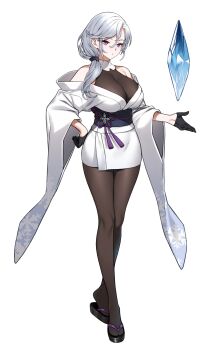 1girl absurdres bare_shoulders bodystocking breasts cleavage cryokinesis enjo_kouhai gloves hair_between_eyes half_gloves highres ice japanese_clothes kamishimo_kasumi large_breasts long_sleeves low_ponytail mole mole_under_eye ponytail purple_eyes sandals solo takunomi white_hair wide_sleeves yuki_onna