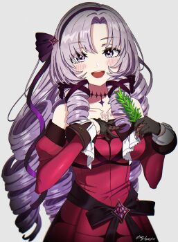 1girl :d black_gloves black_hairband chest_tattoo claw_ring collarbone dress drill_hair gloves grey_background hair_ribbon hairband herb highres hyakumantenbara_salome hyakumantenbara_salome_(1st_costume) light_purple_hair long_hair long_sleeves looking_at_viewer nijisanji off-shoulder_dress off_shoulder open_mouth parted_bangs piko_han purple_eyes purple_hairband purple_ribbon red_dress ribbon signature simple_background smile solo tattoo twitter_username virtual_youtuber