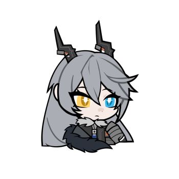 Rule 34 | 1girl, black coat, black horns, chibi, chibi only, chinese commentary, closed mouth, coat, commentary request, expressionless, fur-trimmed coat, fur trim, grey hair, hair between eyes, hetero, highres, horns, long hair, long sleeves, looking to the side, parody, simple background, solo, star-shaped pupils, star (symbol), succii-sunbringer, sunbringer (zenless zone zero), symbol-shaped pupils, upper body, wavy hair, white background, zenless zone zero