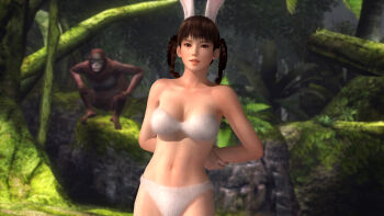 1girl 3d animal_ears bikini braid dead_or_alive dead_or_alive_5 fur highres lei_fang monkey nature official_art rabbit_ears swimsuit tecmo