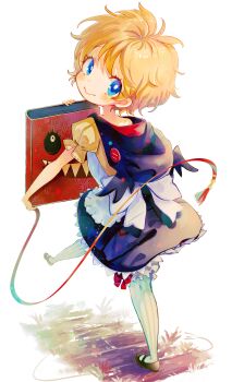 Rule 34 | 1girl, 1other, absurdres, black shoes, blonde hair, blue eyes, book, bookmark, commentary request, commission, detached hood, frilled skirt, frills, highres, holding, holding book, looking at viewer, looking back, luca (majo no ryodan), pantyhose, pixiv commission, puffy pants, red ribbon, refrain no chika meikyuu to majo no ryodan, ribbon, sharp teeth, shirt, shoes, short hair, skirt, smile, solo, striped clothes, striped pantyhose, syukonbu, teeth, thighhighs, vertical-striped clothes, vertical-striped pantyhose, walking, white ribbon, yellow shirt, youro rekitei
