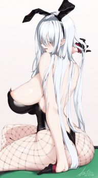 1girl animal_ear_hairband animal_ears areola_slip ass back backless_leotard black_gloves black_hairband black_leotard blush breasts esto_0079 fake_animal_ears fishnet_pantyhose fishnets from_behind gloves hairband hand_in_own_hair large_breasts leotard lips long_hair open_mouth pantyhose playboy_bunny rabbit_ear_hairband rabbit_ears red_eyes selvaria_bles senjou_no_valkyria_(series) sideboob sitting solo thighs white_background white_hair