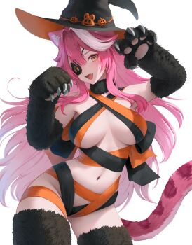 1girl animal_ears animal_hands black_choker black_gloves black_hat black_ribbon black_thighhighs blush breasts cat_paw choker commentary elbow_gloves eyepatch fur_gloves fur_thighhighs gloves hat hololive hololive_english large_breasts long_hair looking_at_viewer multicolored_hair navel okoge_lab open_mouth orange_hat orange_ribbon panther_ears panther_girl panther_tail paw_gloves pink_hair pink_tail raora_panthera ribbon simple_background smile solo stomach streaked_hair tail thighhighs thighs two-tone_hat virtual_youtuber white_background yellow_eyes