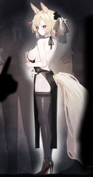 1girl 2others absurdres alcohol animal_ear_fluff animal_ears arknights ass back backless_dress backless_outfit bare_back bare_shoulders black_nails black_shoes blonde_hair blue_eyes breasts champagne champagne_flute cocktail_dress cup dress drinking_glass fingernails from_side halter_dress halterneck high_heels highres horse_ears horse_girl horse_tail long_fingernails long_hair looking_at_viewer looking_to_the_side medium_breasts multiple_others nail_polish nipples revealing_clothes shoes sideboob smile solo tail thighhighs uta_(xuyansong1996) whislash_(arknights)