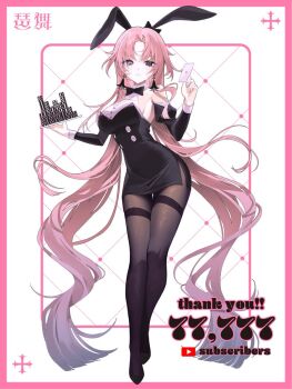 1girl alternate_costume animal_ears bema_(sinsekai) black_eyes black_pantyhose blue_hair breasts buttons card cleavage_cutout clothing_cutout diamond_(shape) earrings fake_animal_ears flower_earrings ggatip grey_eyes grey_nails heart heterochromia high_heels highres holding holding_card jewelry kamitsubaki_studio large_breasts light_smile long_hair looking_at_viewer milestone_celebration multicolored_hair pantyhose parted_bangs pink_hair playboy_bunny poker_chip rabbit_ears serious sideboob sidelocks sinsekai_record thank_you third-party_source very_long_hair wrist_cuffs