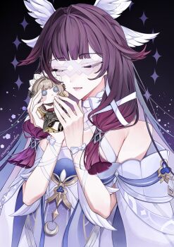 Rule 34 | 1girl, bare shoulders, black hair, blush, bonnet, bow, brown hair, button eyes, buttons, character doll, closed eyes, columbina (genshin impact), commentary request, doll, dress, eye mask, genshin impact, hair ornament, head wings, headdress, highres, holding, holding doll, hugging doll, hugging object, kurage senchou, long hair, long sidelocks, mask, multicolored hair, multiple wings, open mouth, purple hair, purple streaks, ribbon, sandrone (genshin impact), see-through clothes, see-through mask, short hair, short hair with long locks, sidelocks, smile, solo, streaked hair, two-tone hair, white dress, white headdress, white mask, white wings, wing hair ornament, wings, wrist bow, x-shaped eyewear