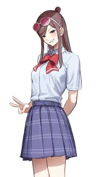 Rule 34 | 1girl, ace attorney, alternate costume, arm behind back, blush, bow, bowtie, brown hair, collared shirt, commentary request, ema skye, eyewear on head, highres, long hair, looking at viewer, nyak il, pleated skirt, red bow, red bowtie, shirt, short sleeves, sidelocks, skirt, smile, solo, sunglasses, v, white background, white shirt
