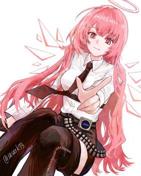 1girl arknights boots brown_boots brown_necktie closed_mouth collared_shirt commentary detached_wings halo highres lemuen_(arknights) light_smile long_hair long_sleeves looking_at_viewer necktie outstretched_arm pink_eyes pink_hair pink_halo pointing pointing_at_viewer sasark73_(namida) shirt simple_background solo thigh_boots traditional_halo twitter_username watermark white_background white_halo white_shirt wings