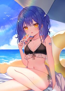 Rule 34 | 1girl, absurdres, amamiya kokoro, amamiya kokoro (7th costume), beach, bikini, black bikini, blue hair, earrings, food, frilled bikini, frills, highres, holding, holding food, holding popsicle, ineka ka, jewelry, long hair, nijisanji, open mouth, popsicle, sitting, solo, swimsuit, two side up, virtual youtuber, yellow eyes