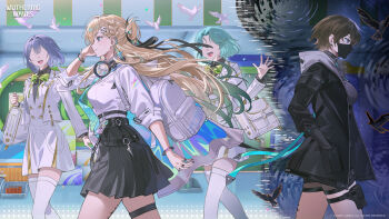 Rule 34 | 4girls, absurdres, aqua hair, aqua necktie, backpack, bag, bird, black hair, black jacket, black skirt, blonde hair, braid, braided bangs, breasts, closed mouth, commentary, dress, dual persona, earrings, english commentary, hair ornament, hand in pocket, hand up, headphones, headphones around neck, highres, holding, holding bag, hood, hood down, hooded jacket, id card, jacket, jewelry, lawless zone mercenary (wuthering waves), logo, long hair, lynae (wuthering waves), mask, medium breasts, mouth mask, multiple girls, necktie, official art, open mouth, pouch, purple hair, shirt, shirt tucked in, skirt, skull hair ornament, smile, split theme, star (symbol), star earrings, tacet mark (wuthering waves), thigh pouch, thigh strap, thighhighs, white bird, white dress, white jacket, white shirt, white thighhighs, wuthering waves, zettai ryouiki