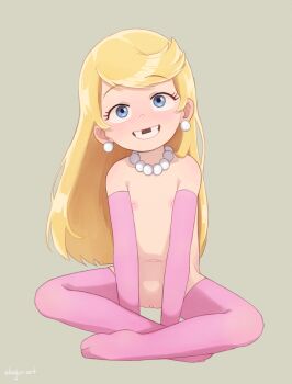 1girl abajur blonde_hair blue_eyes blush clitoral_hood detached_sleeves ear_piercing earrings elbow_gloves female_focus flat_chest full_body gloves grin highres indian_style jewelry lola_loud loli long_hair looking_at_viewer missing_tooth navel necklace nipples nude pearl_necklace piercing pink_thighhighs pussy sitting smile solo teeth the_loud_house thighhighs tooth_gap uncensored