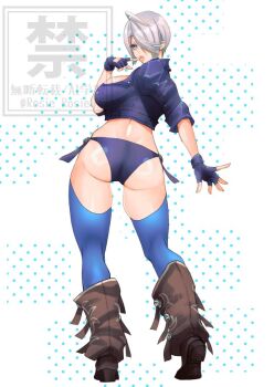 1girl angel_(kof) ass black_panties blue_eyes blue_jacket boots breasts brown_boots from_behind grey_hair hair_over_one_eye jacket large_breasts panties rosie_rosie short_hair simple_background solo the_king_of_fighters underwear watermark white_background