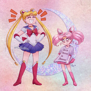absurdres bishoujo_senshi_sailor_moon blonde_hair blue_sailor_collar boots bow brooch chibi_usa choker circlet closed_eyes cone_hair_bun crescent double_bun earrings elbow_gloves gloves hair_bun hair_ornament hands_on_own_hips heart heart_brooch highres jewelry laughing long_hair magical_girl pink_boots pink_hair red_boots red_bow red_eyes rosizoitsa sailor_chibi_moon sailor_collar sailor_moon sailor_senshi_uniform shirt skirt smile t-shirt tsukino_usagi twintails white_gloves