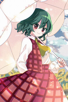 Rule 34 | 1girl, ascot, blush, closed mouth, cloud, commentary request, cowboy shot, day, field, flower, flower field, frilled ascot, frills, green hair, hair between eyes, highres, holding, holding umbrella, katsuragi atori, kazami yuuka, long sleeves, looking at viewer, open clothes, open vest, outdoors, parasol, plaid clothes, plaid skirt, plaid vest, red eyes, red skirt, red vest, shirt, short hair, skirt, skirt set, sky, smile, solo, standing, sunflower, sunflower field, touhou, twitter username, umbrella, vest, wavy hair, white shirt, white umbrella, yellow ascot, yellow flower