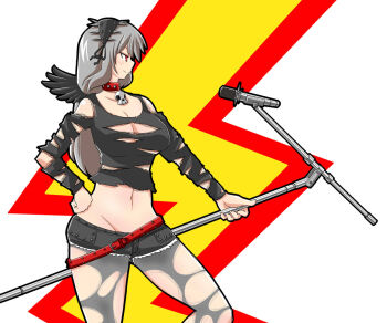 1girl alternate_breast_size_(larger) alternate_costume belt black_hairband black_shorts black_wings blush breasts choker cleavage closed_mouth commentary_request crop_top feathered_wings feet_out_of_frame grey_hair grey_pantyhose groin hairband holding holding_microphone_stand itini-sanshi lightning_bolt_symbol long_hair long_sleeves looking_afar loose_belt micro_shorts microphone microphone_stand midriff navel pantyhose punk red_belt red_choker red_eyes rozen_maiden shirt shorts skull_choker smile solo spiked_hairband spikes studded_belt studded_choker suigintou torn_clothes torn_pantyhose torn_shirt white_background wings