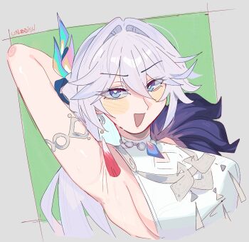 1girl :d armpits bare_shoulders blue_eyes commentary english_commentary grey_hair hair_intakes hair_ornament highres honkai:_star_rail honkai_(series) long_hair looking_at_viewer open_mouth presenting_armpit smile solo unfamousradish upper_body yao_guang_(honkai:_star_rail)