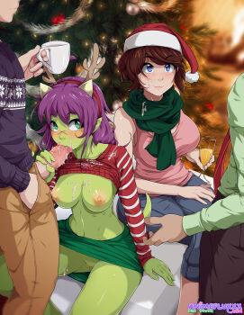 2boys 2girls animeflux antlers artist_name blue_eyes blurry blush borrowed_character breasts brown_hair censored christmas christmas_tree clothes_lift colored_skin commentary cum cum_in_mouth cum_on_body cum_on_breasts cum_on_clothes cum_on_hair cum_on_upper_body cup deer_antlers dragon_girl drinking_glass english_commentary erection facial fake_antlers fellatio green_eyes green_pants green_skin green_skirt group_sex hairband hand_in_pocket hat hetero highres holding holding_cup horns interspecies large_breasts long_hair long_sleeves looking_at_viewer medium_breasts mosaic_censoring multiple_boys multiple_girls navel nipples no_bra no_panties oral original pants penis pink_tank_top pointy_ears purple_hair pussy pussy_juice red_sweater red_tank_top reindeer_antlers santa_hat scar scar_on_face scar_on_nose scarf shirt shirt_lift short_hair sitting skirt smile sweater sweater_lift tail tank_top uncensored
