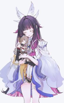 2girls absurdres black_hair braid brown_hair bun_with_braided_base carrying carrying_person closed_eyes closed_mouth columbina_(genshin_impact) cowboy_shot detached_collar detached_sleeves dress genshin_impact grey_eyes hair_between_eyes hair_bun hair_ribbon head_wings highres long_hair multicolored_hair multiple_girls one_eye_closed pantyhose pink_hair pu_tan_inu ribbon sandrone_(genshin_impact) simple_background two-tone_hair very_long_hair white_background white_dress white_pantyhose white_wings wide_sleeves wings