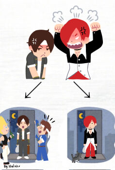 Rule 34 | 4boys, anger vein, angry boss with happy family irasutoyas (meme), blonde hair, blue eyes, brown hair, cat, commentary, corrupted twitter file, english commentary, grey pants, hair over one eye, headband, helsic, highres, kusanagi kyou, meme, mifune takashi (style), multiple boys, night, nikaidou benimaru, pants, puff of air, red hair, red pants, signature, the king of fighters, white headband, white pants, yabuki shingo, yagami iori