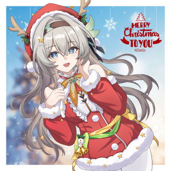 1girl absurdres alternate_costume antlers bare_shoulders blue_eyes blurry blurry_background bow chinese_commentary christmas commentary_request detached_sleeves dress firefly_(honkai:_star_rail) frills grey_hair hair_ornament hairband hasana hat highres honkai:_star_rail honkai_(series) horns long_hair looking_at_viewer open_mouth pantyhose red_dress santa_costume santa_hat smile snowflakes solo star_(symbol) white_pantyhose