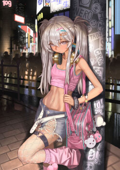 1girl absurdres bag bag_charm bare_shoulders belt billboard breasts charm_(object) closed_mouth commentary cowboy_shot crop_top crowd dark-skinned_female dark_skin denim denim_shorts expressionless fashion fishnet_pantyhose fishnets grey_eyes grey_hair hair_between_eyes hair_ornament hairclip headphones headphones_around_neck heart heart_o-ring heisei_retro highres holding_strap leaning_on_object long_hair looking_at_viewer loose_socks midriff naruto_maki_(naruto05) navel night o-ring o-ring_thigh_strap open_belt original outdoors pantyhose pink_bag pink_shirt pink_socks real_world_location shibuya_(tokyo) shibuya_109 shirt short_shorts shorts shoulder_bag skinny sleeveless sleeveless_shirt small_breasts socks solo standing stomach thigh_strap tokyo_(city) torn_clothes torn_shorts twintails utility_pole white_belt